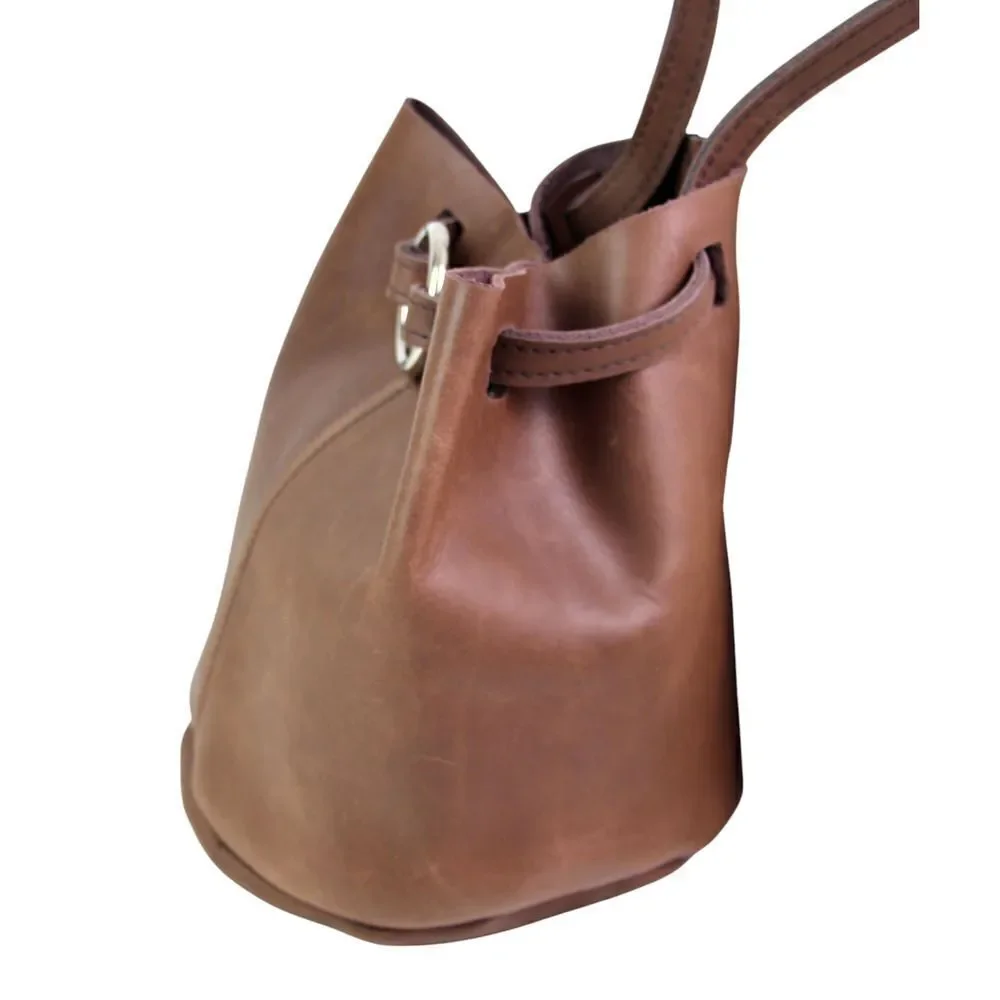 Mossbags BROWN GENUINE LEATHER DRAWSTRING SHOULDER BAG HANDBAG PURSE